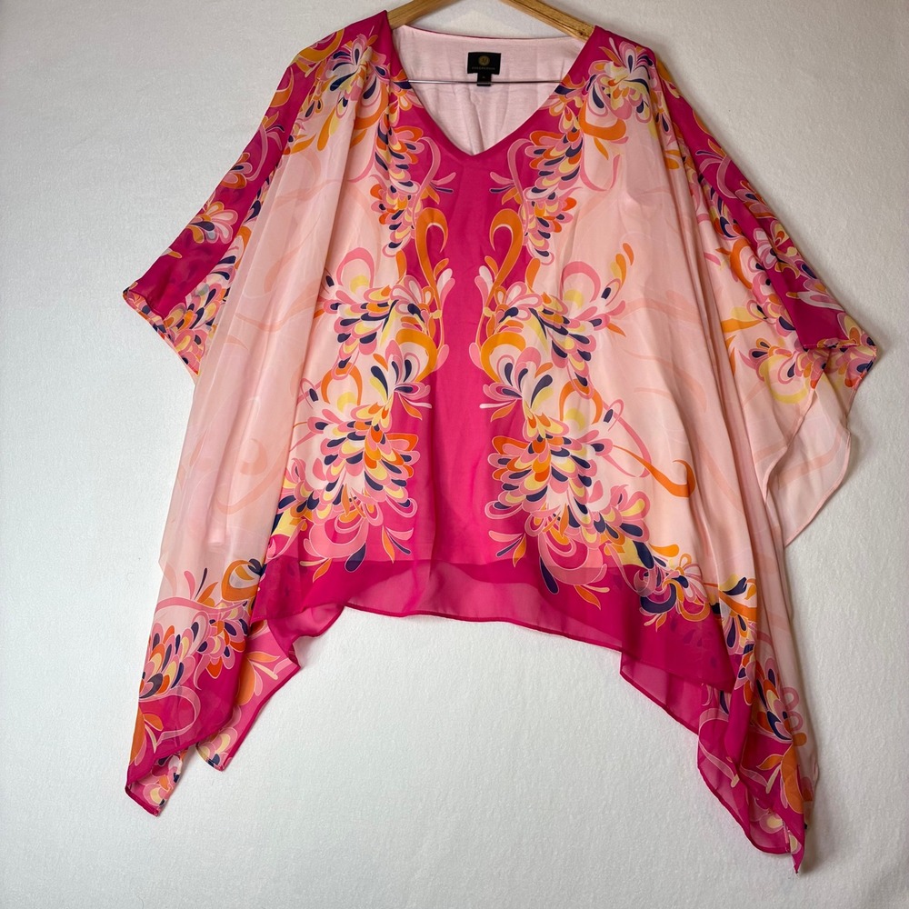 JM Collection Poncho Women XL Pink Paisley Floral Sheer Chiffon Layered V-Neck